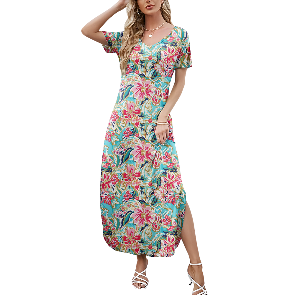 Preppy Summer V-neck Dresses With Side Slit