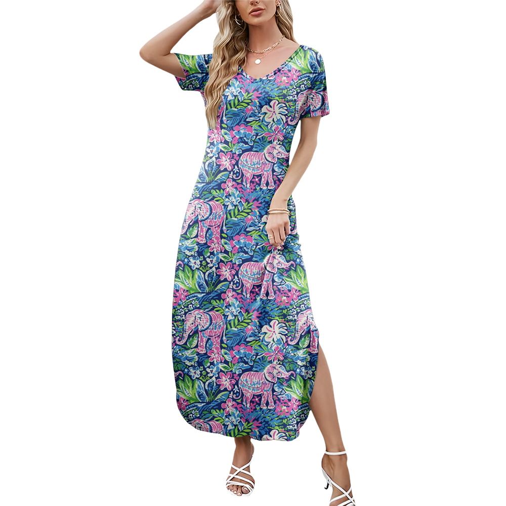 Preppy Summer V-neck Dresses With Side Slit
